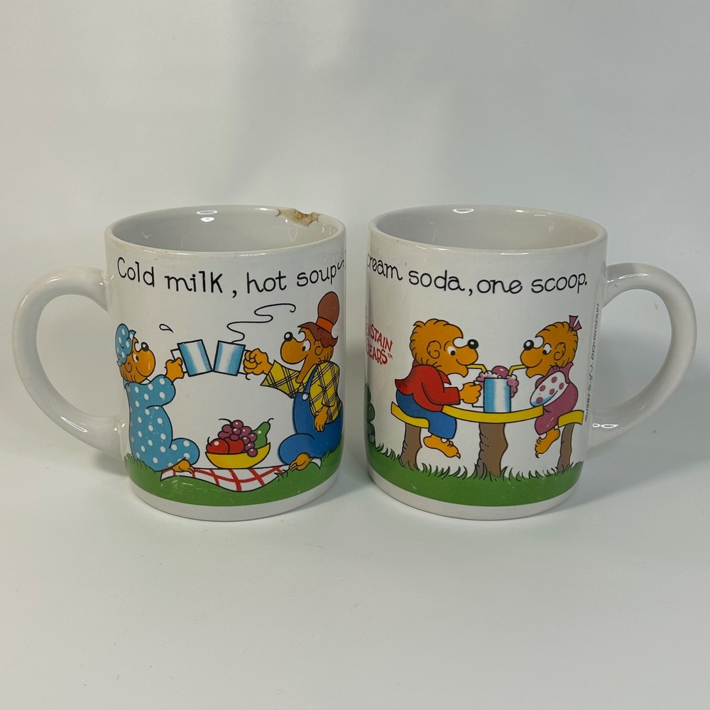 Vintage 1987 Berenstain Bears Princess House Ceramic Mugs Set of 2 White Retro